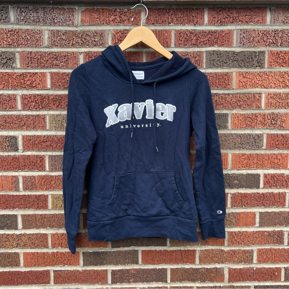 Champion Navy Blue and Silver Xavier University Pullover College Hoodie